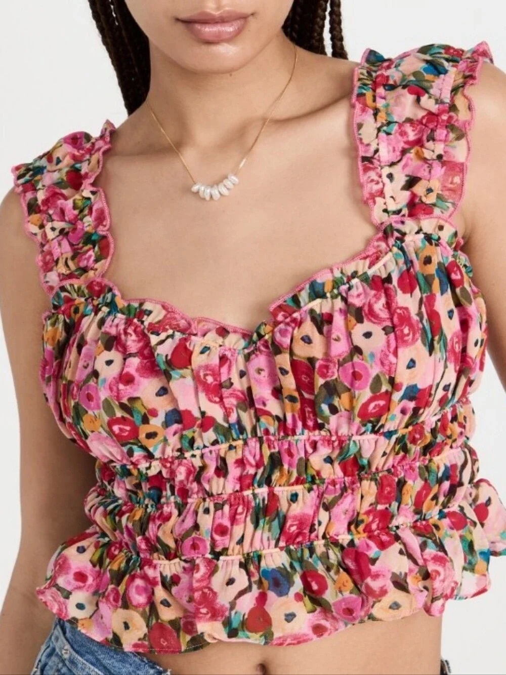 ASTR Floral Ruffle Smocked Crop Top - Pink